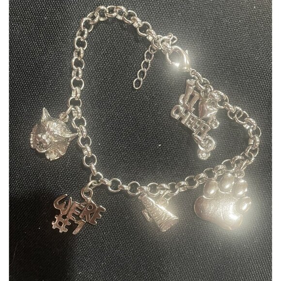 Cheer-Themed Silver Charm Bracelet With Paw Print Megaphone & "I Love To Cheer" - Picture 2 of 11